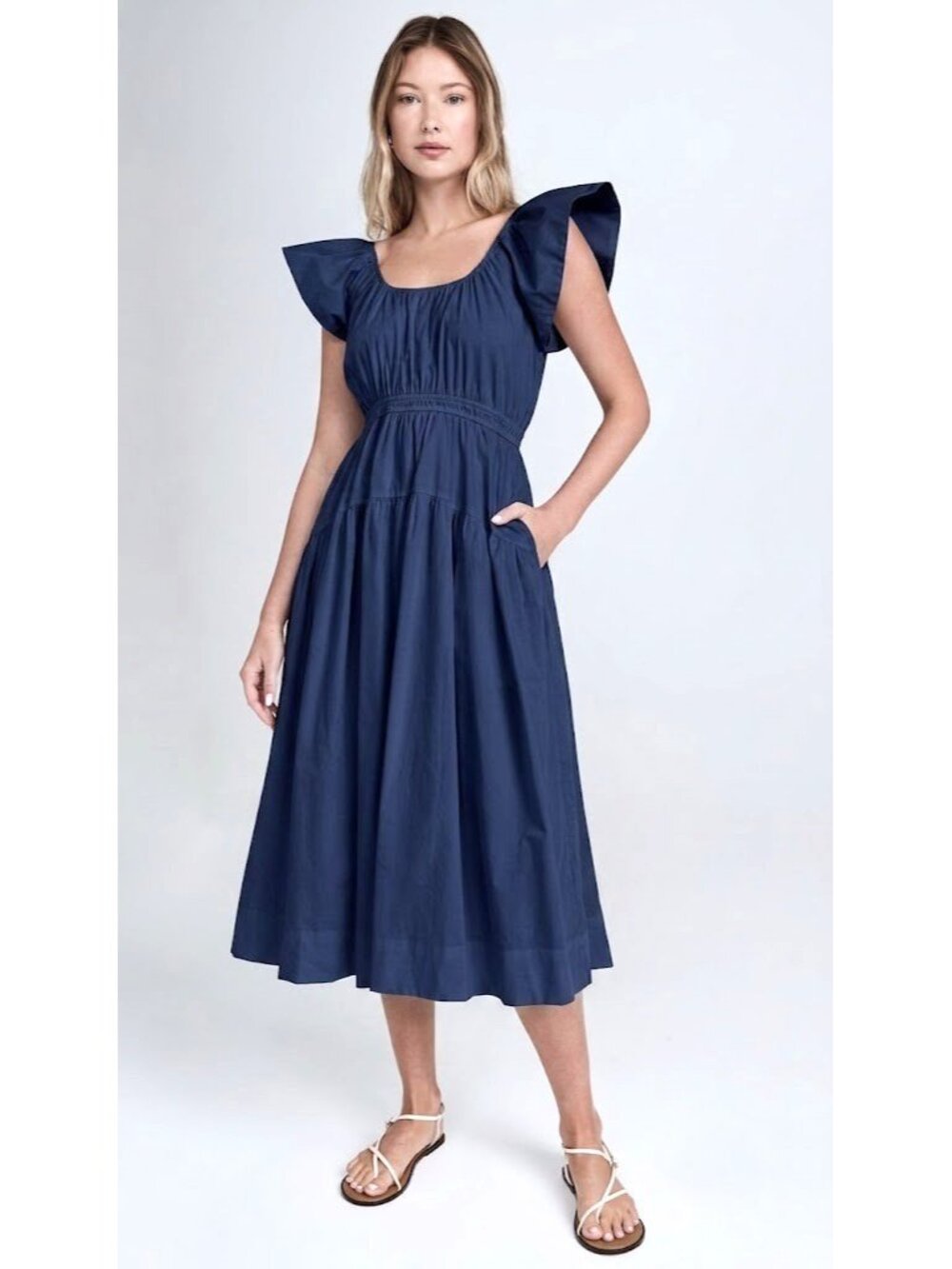 NWT Marea by Liz Joy Jane in Navy Blue Solid Cotton Midi Dress XL $268